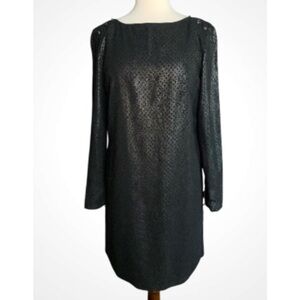 Gianni Bini Shimmering Black & Silver Long Sleeve Round Neck Shift Dress Small